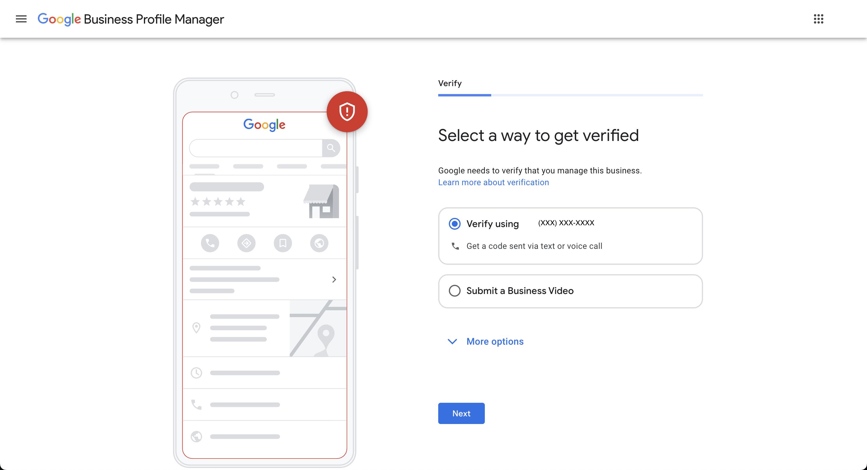 Google Business Profile Manager "Select a way to get verified" screen, offering phone verification by text or voice call and Submit a Business Video, with a More options link for additional methods like postcard
