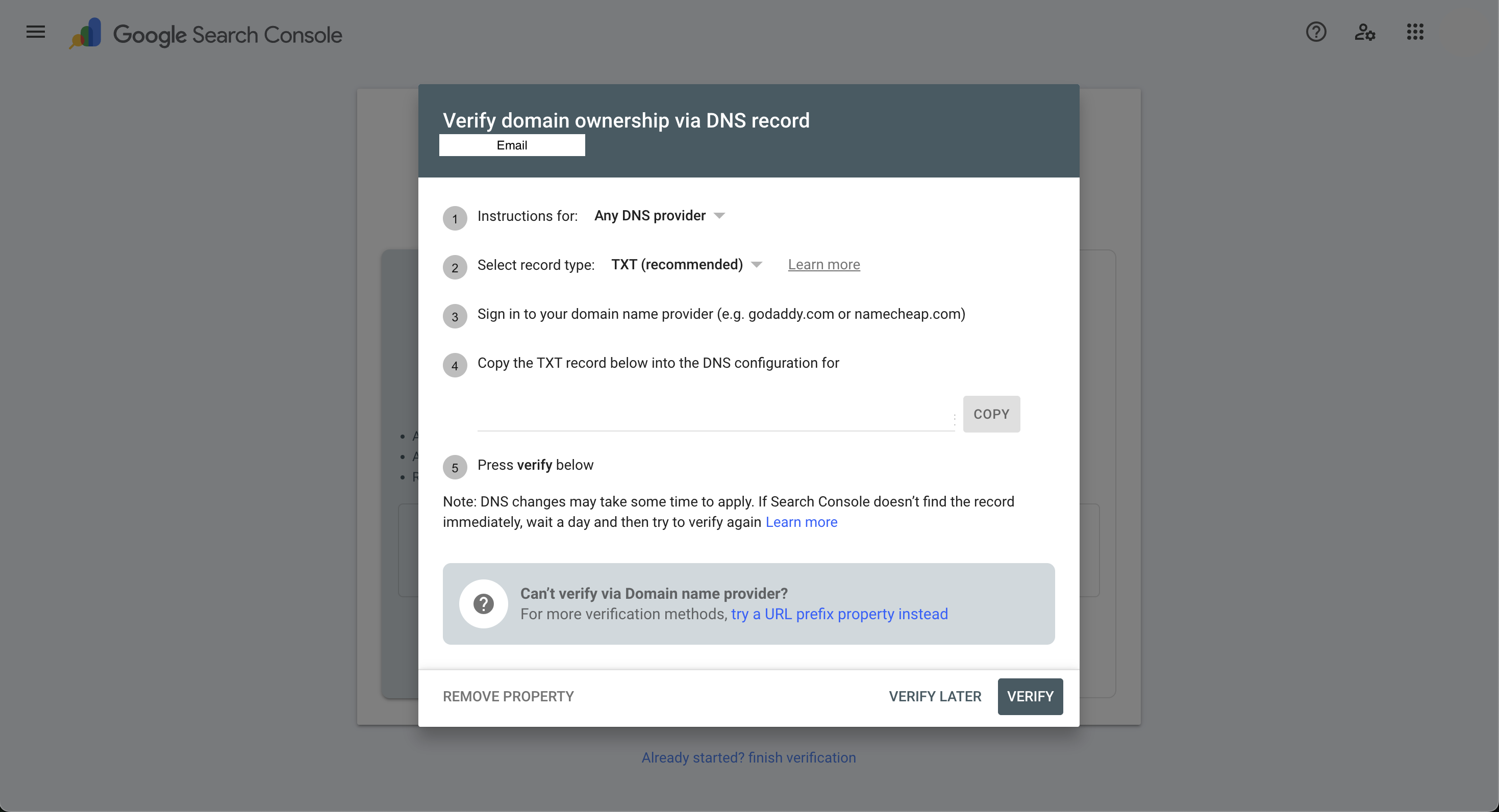 Google Search Console "Verify domain ownership via DNS record" dialog, with record type set to TXT (recommended), a Copy button for the verification string, and a Verify button
